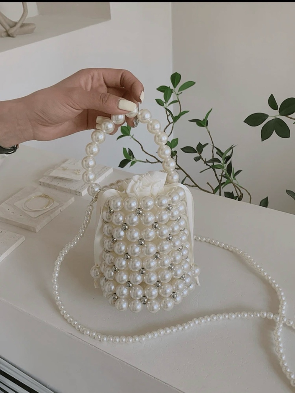 Pearl Beaded Mini Top-Handle Bag - White